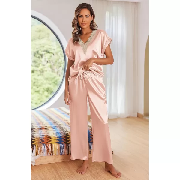 Ekouaer Silk Pajamas Set Womens Lace V Neck Loungewear Short Sleeve Satin Shirt with Long Pant Silky PjsLight Pink