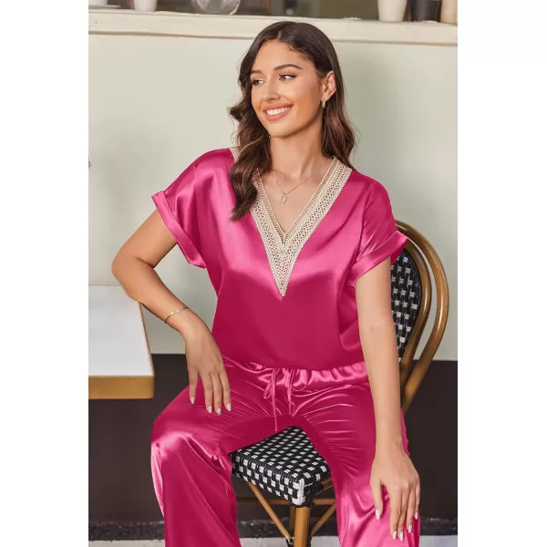 Ekouaer Silk Pajamas Set Womens Lace V Neck Loungewear Short Sleeve Satin Shirt with Long Pant Silky PjsRose Red