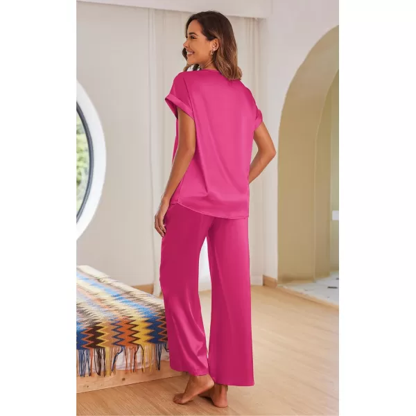 Ekouaer Silk Pajamas Set Womens Lace V Neck Loungewear Short Sleeve Satin Shirt with Long Pant Silky PjsRose Red