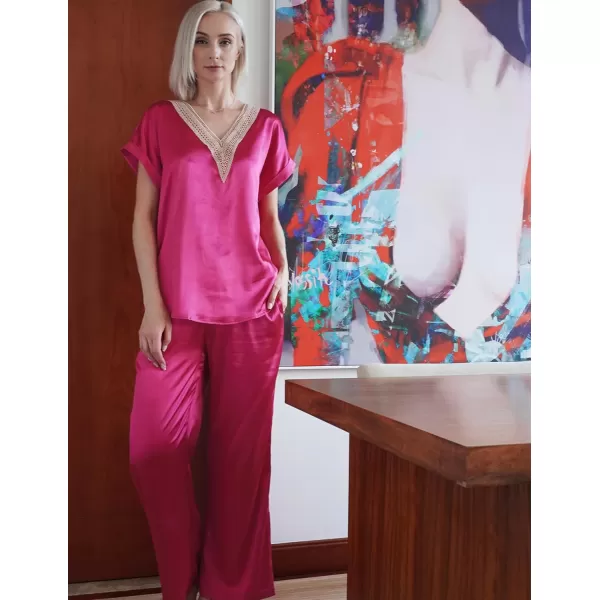 Ekouaer Silk Pajamas Set Womens Lace V Neck Loungewear Short Sleeve Satin Shirt with Long Pant Silky PjsRose Red