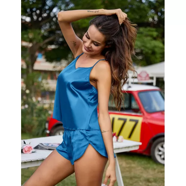 Ekouaer Silk Pajamas Set for Women Satin Backless Lingerie Pjs Cami Top and Shorts NightwearAblue