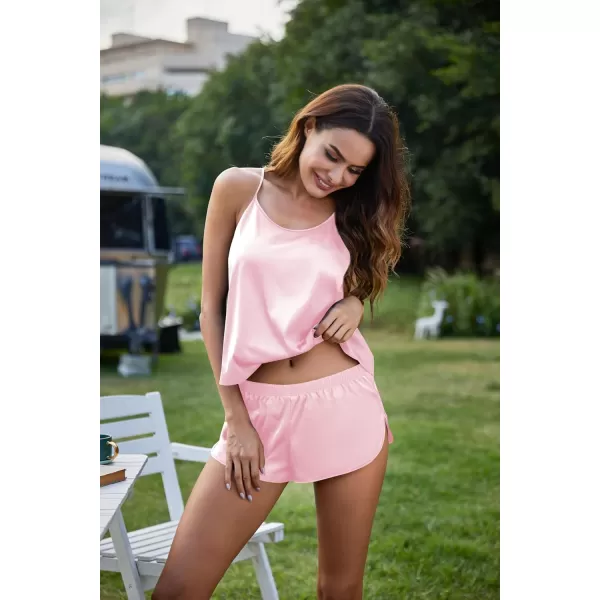 Ekouaer Silk Pajamas Set for Women Satin Backless Lingerie Pjs Cami Top and Shorts NightwearMisty Rose