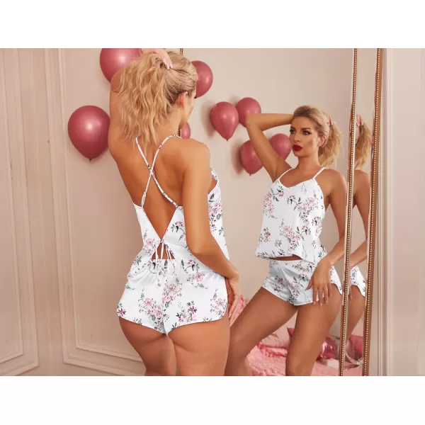 Ekouaer Silk Pajamas Set for Women Satin Backless Lingerie Pjs Cami Top and Shorts NightwearWhite Flower