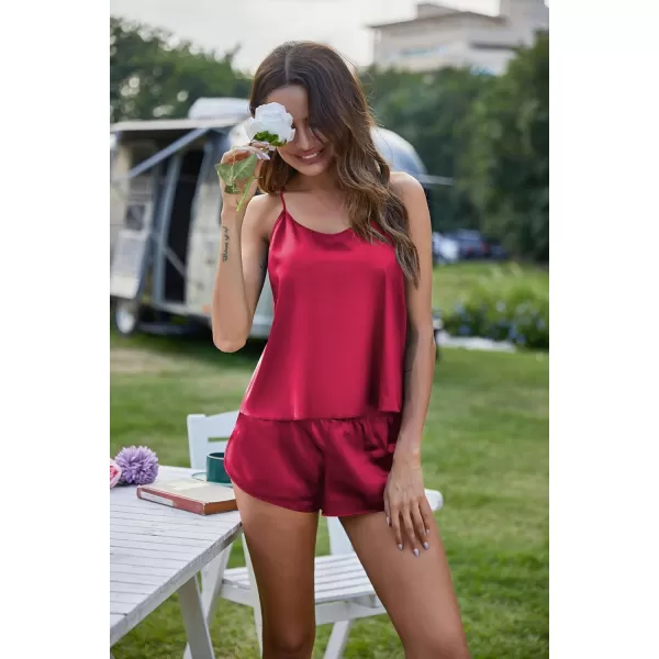 Ekouaer Silk Pajamas Set for Women Satin Backless Lingerie Pjs Cami Top and Shorts NightwearWine Red