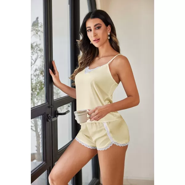 Ekouaer Silk Pajamas Women Lace Camisole Shorts Set Satin Lingerie V Neck Sleepwear XSXXLCream Color