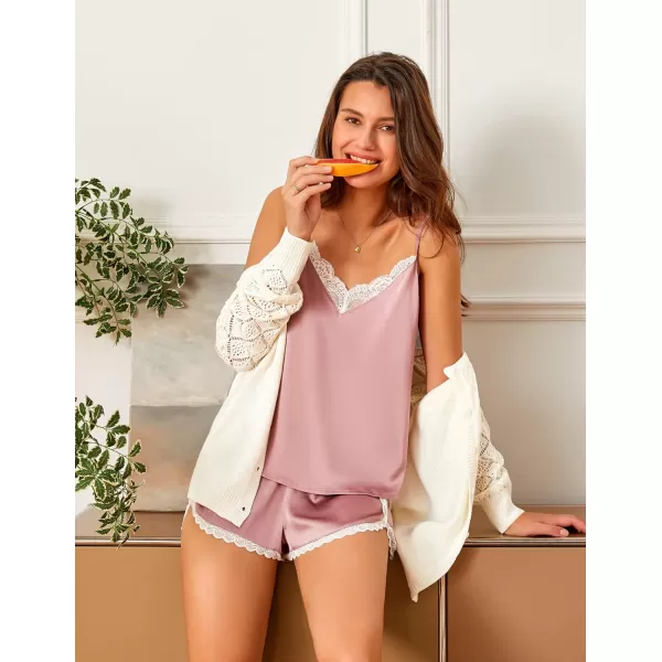 Ekouaer Silk Pajamas Women Lace Camisole Shorts Set Satin Lingerie V Neck Sleepwear XSXXLDark Pink