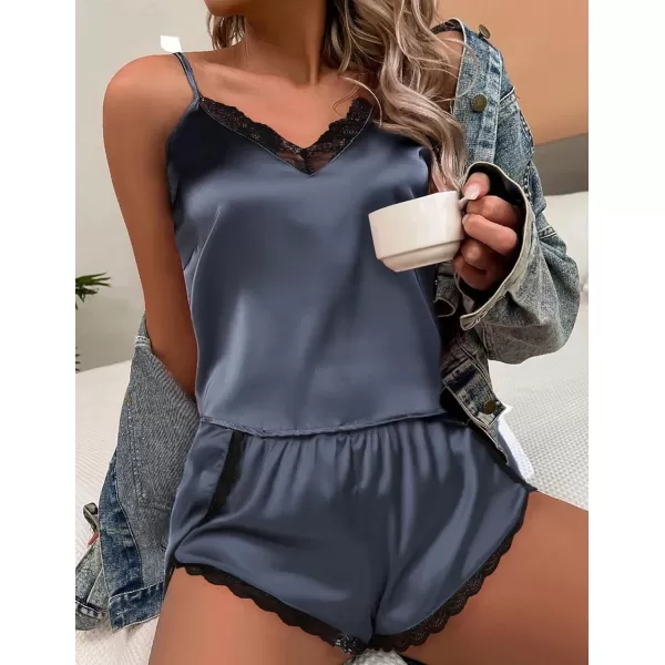 Ekouaer Silk Pajamas Women Lace Camisole Shorts Set Satin Lingerie V Neck Sleepwear XSXXLDeep Grey