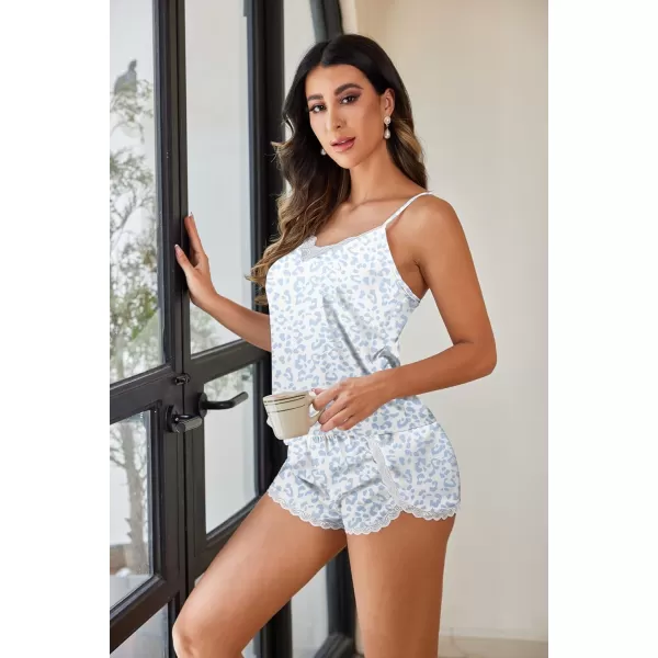 Ekouaer Silk Pajamas Women Lace Camisole Shorts Set Satin Lingerie V Neck Sleepwear XSXXLPat8blue Leopard