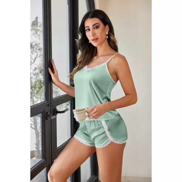 Ekouaer Silk Pajamas Women Lace Camisole Shorts Set Satin Lingerie V Neck Sleepwear XSXXLPea Green