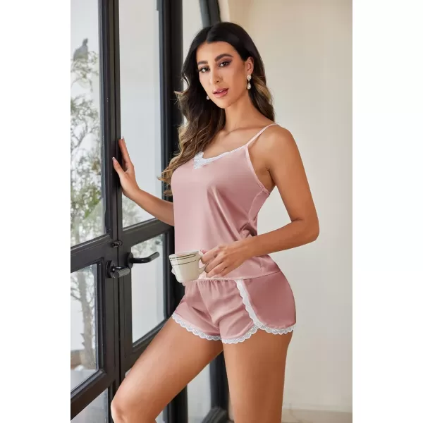 Ekouaer Silk Pajamas Women Lace Camisole Shorts Set Satin Lingerie V Neck Sleepwear XSXXLPink