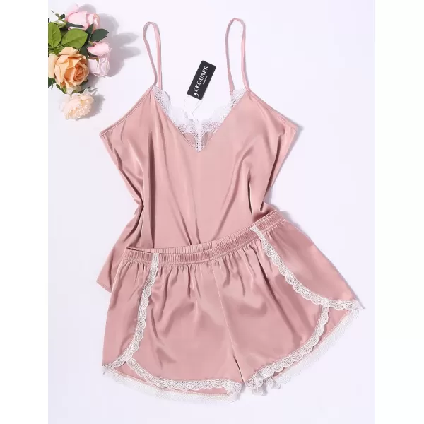 Ekouaer Silk Pajamas Women Lace Camisole Shorts Set Satin Lingerie V Neck Sleepwear XSXXLPink