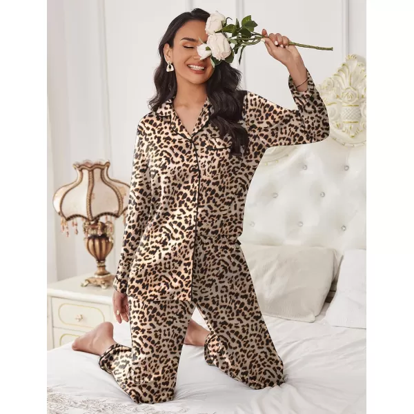 Ekouaer Silk Pajamas Womens Long Sleeve Sleepwear Satin Soft Button Down Loungewear Pjs Set SXXLBleopard2