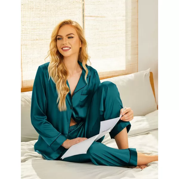 Ekouaer Silk Pajamas Womens Long Sleeve Sleepwear Satin Soft Button Down Loungewear Pjs Set SXXLBlue Green