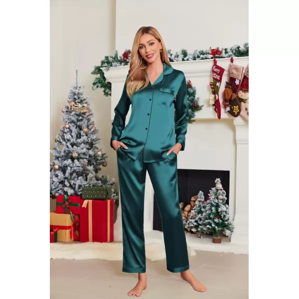 Ekouaer Silk Pajamas Womens Long Sleeve Sleepwear Satin Soft Button Down Loungewear Pjs Set SXXLBlue Green