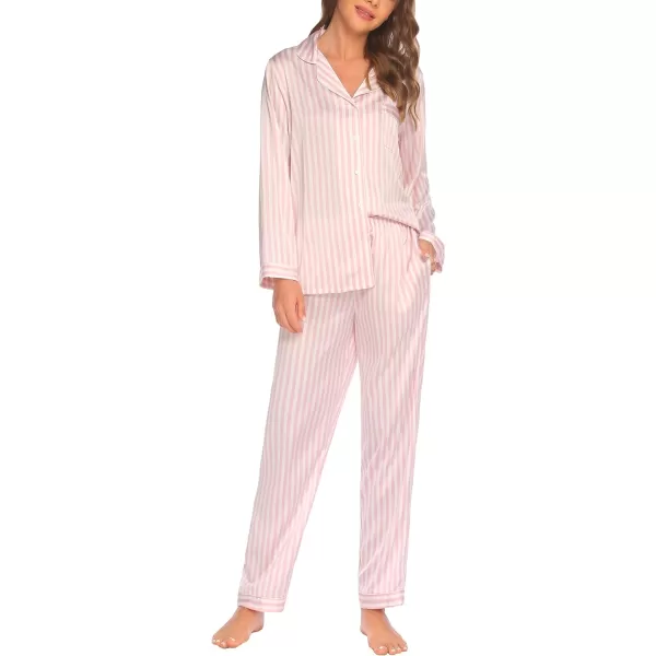 Ekouaer Silk Pajamas Womens Long Sleeve Sleepwear Satin Soft Button Down Loungewear Pjs Set SXXLBpink Striped