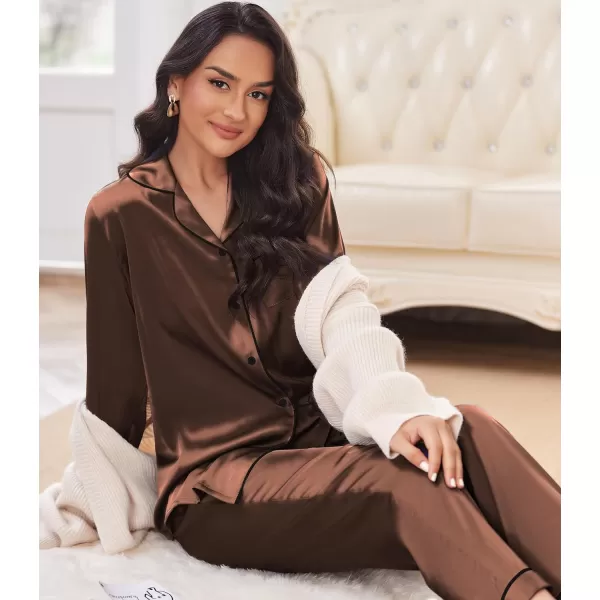 Ekouaer Silk Pajamas Womens Long Sleeve Sleepwear Satin Soft Button Down Loungewear Pjs Set SXXLBrown