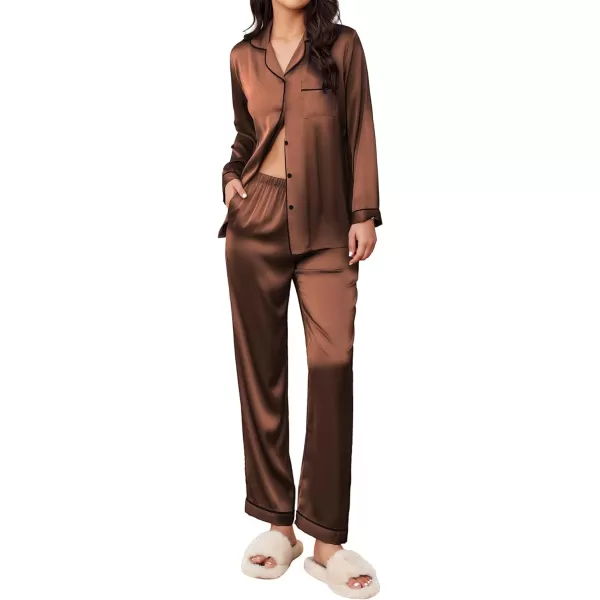 Ekouaer Silk Pajamas Womens Long Sleeve Sleepwear Satin Soft Button Down Loungewear Pjs Set SXXLBrown