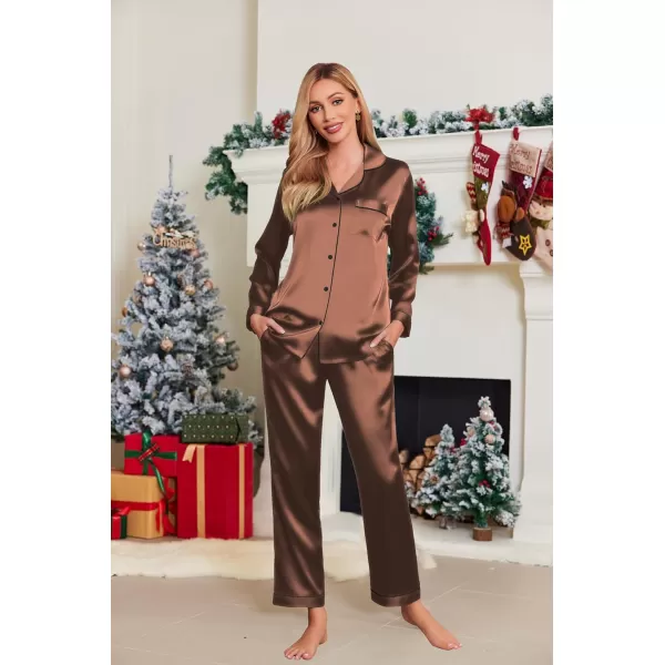 Ekouaer Silk Pajamas Womens Long Sleeve Sleepwear Satin Soft Button Down Loungewear Pjs Set SXXLBrown