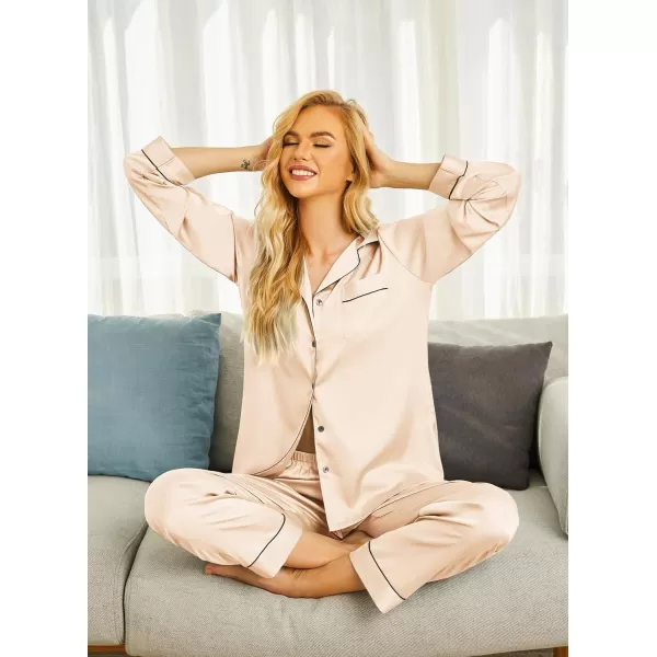 Ekouaer Silk Pajamas Womens Long Sleeve Sleepwear Satin Soft Button Down Loungewear Pjs Set SXXLChampagne