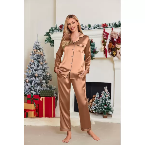 Ekouaer Silk Pajamas Womens Long Sleeve Sleepwear Satin Soft Button Down Loungewear Pjs Set SXXLChampagne Gold