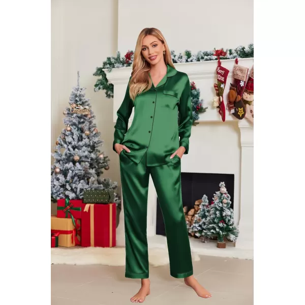 Ekouaer Silk Pajamas Womens Long Sleeve Sleepwear Satin Soft Button Down Loungewear Pjs Set SXXLDark Green