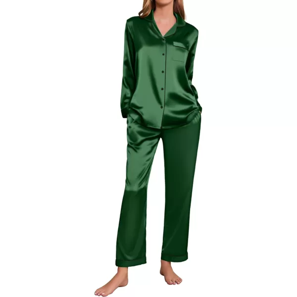 Ekouaer Silk Pajamas Womens Long Sleeve Sleepwear Satin Soft Button Down Loungewear Pjs Set SXXLDark Green