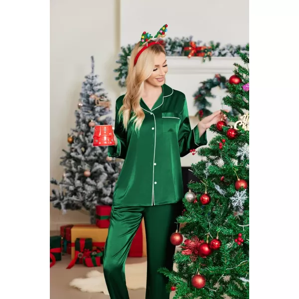 Ekouaer Silk Pajamas Womens Long Sleeve Sleepwear Satin Soft Button Down Loungewear Pjs Set SXXLGreen