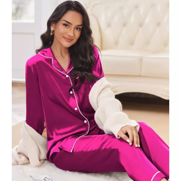 Ekouaer Silk Pajamas Womens Long Sleeve Sleepwear Satin Soft Button Down Loungewear Pjs Set SXXLHot Pink