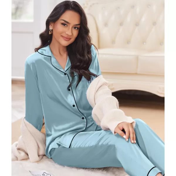 Ekouaer Silk Pajamas Womens Long Sleeve Sleepwear Satin Soft Button Down Loungewear Pjs Set SXXLLight Gray Blue