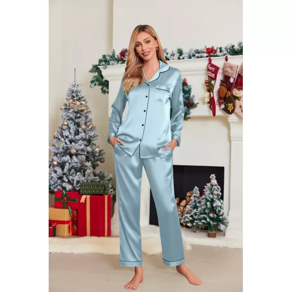 Ekouaer Silk Pajamas Womens Long Sleeve Sleepwear Satin Soft Button Down Loungewear Pjs Set SXXLLight Gray Blue