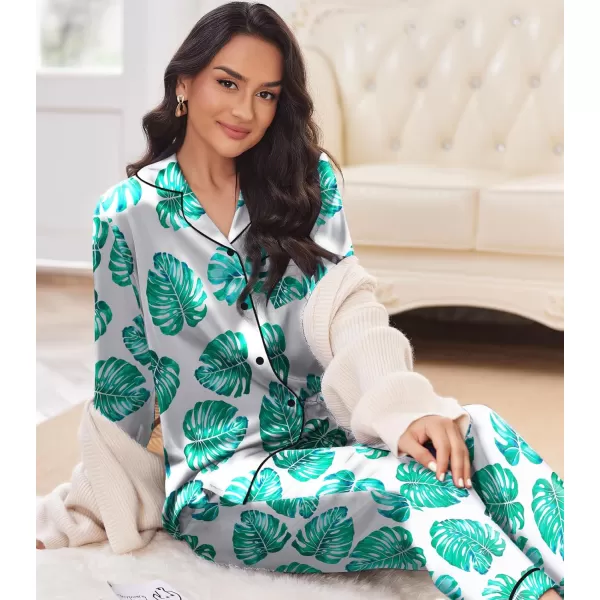 Ekouaer Silk Pajamas Womens Long Sleeve Sleepwear Satin Soft Button Down Loungewear Pjs Set SXXLPattern 16