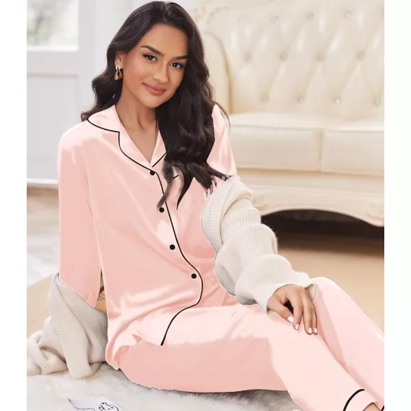 Ekouaer Silk Pajamas Womens Long Sleeve Sleepwear Satin Soft Button Down Loungewear Pjs Set SXXLPink