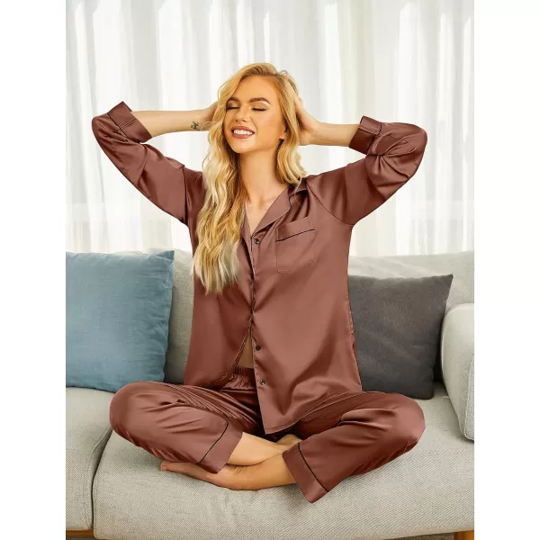 Ekouaer Silk Pajamas Womens Long Sleeve Sleepwear Satin Soft Button Down Loungewear Pjs Set SXXLRed Brown