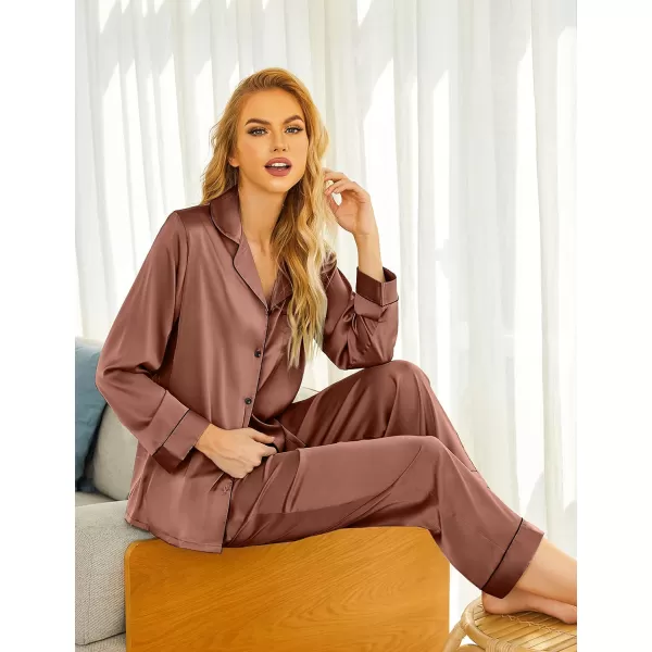 Ekouaer Silk Pajamas Womens Long Sleeve Sleepwear Satin Soft Button Down Loungewear Pjs Set SXXLRed Brown