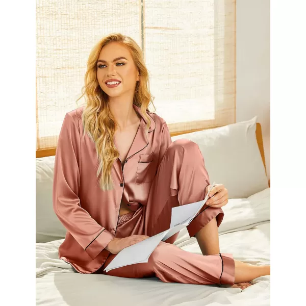 Ekouaer Silk Pajamas Womens Long Sleeve Sleepwear Satin Soft Button Down Loungewear Pjs Set SXXLRose Golden