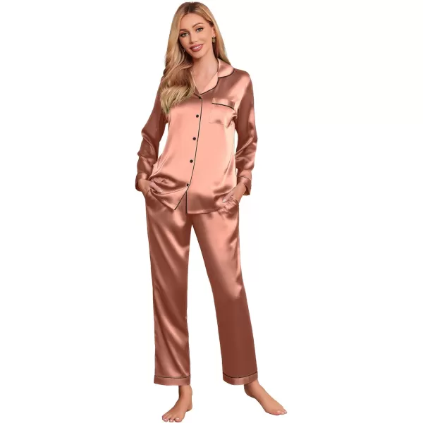 Ekouaer Silk Pajamas Womens Long Sleeve Sleepwear Satin Soft Button Down Loungewear Pjs Set SXXLRose Golden