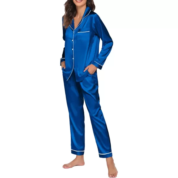 Ekouaer Silk Pajamas Womens Long Sleeve Sleepwear Satin Soft Button Down Loungewear Pjs Set SXXLRoyal Blue