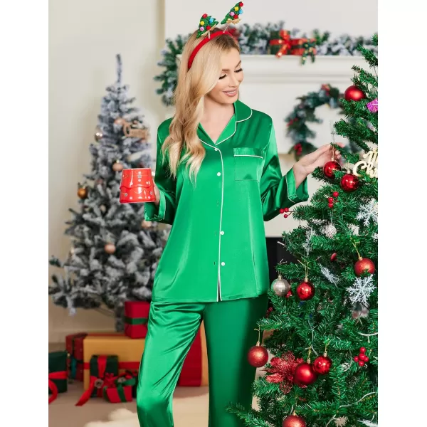 Ekouaer Silk Pajamas Womens Long Sleeve Sleepwear Satin Soft Button Down Loungewear Pjs Set SXXLShamrock Green