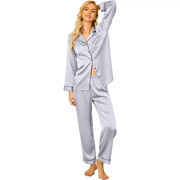 Ekouaer Silk Pajamas Womens Long Sleeve Sleepwear Satin Soft Button Down Loungewear Pjs Set SXXLSilver