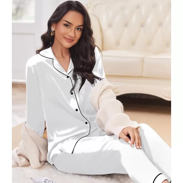 Ekouaer Silk Pajamas Womens Long Sleeve Sleepwear Satin Soft Button Down Loungewear Pjs Set SXXLWhite