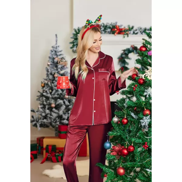 Ekouaer Silk Pajamas Womens Long Sleeve Sleepwear Satin Soft Button Down Loungewear Pjs Set SXXLWine