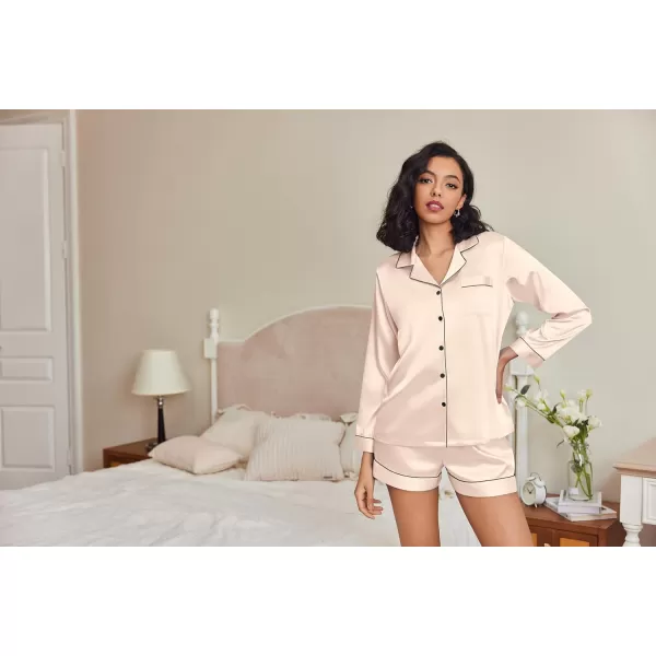 Ekouaer Silk Pajamas Womens Long Sleeve Sleepwear Soft Satin Button Down Loungewear 2 Piece Pjs Shorts Set SXXL2pack Blue Greenchampagne