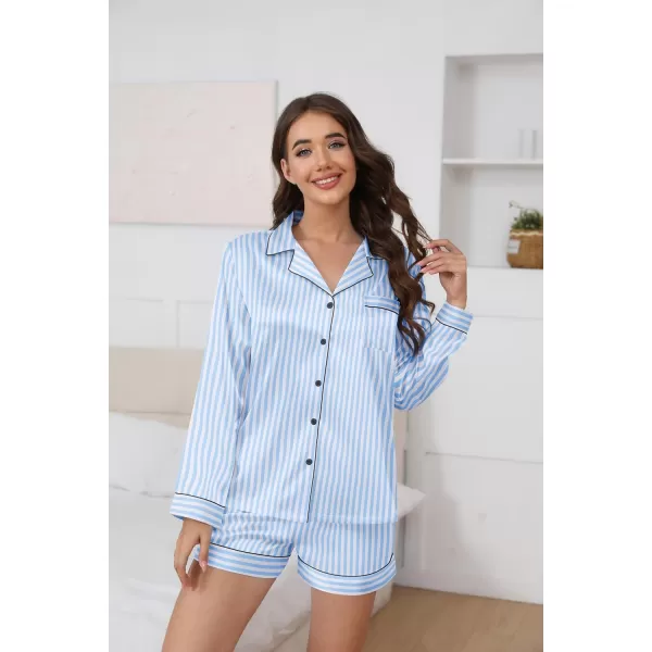 Ekouaer Silk Pajamas Womens Long Sleeve Sleepwear Soft Satin Button Down Loungewear 2 Piece Pjs Shorts Set SXXL2pack Whiteblue Stripe