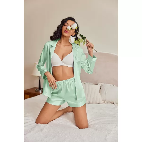 Ekouaer Silk Pajamas Womens Long Sleeve Sleepwear Soft Satin Button Down Loungewear 2 Piece Pjs Shorts Set SXXLAqua Green