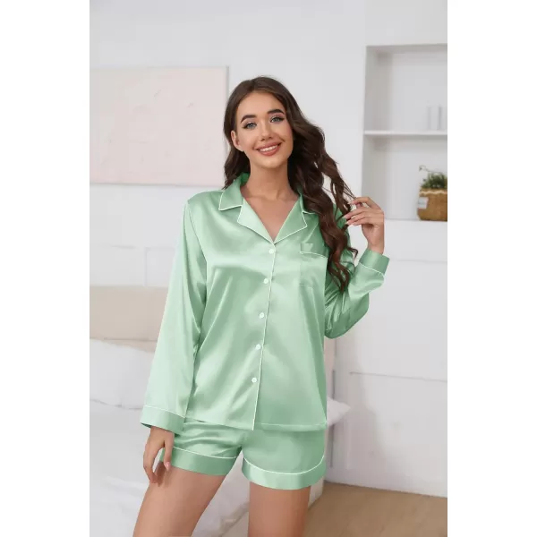 Ekouaer Silk Pajamas Womens Long Sleeve Sleepwear Soft Satin Button Down Loungewear 2 Piece Pjs Shorts Set SXXLAqua Green