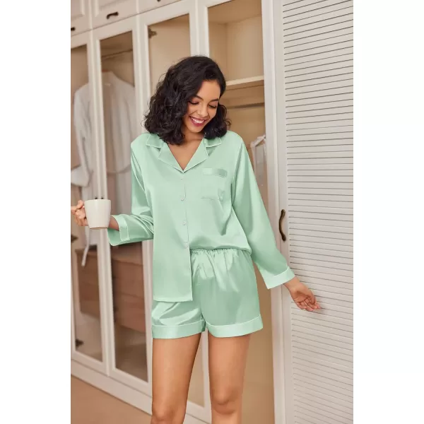 Ekouaer Silk Pajamas Womens Long Sleeve Sleepwear Soft Satin Button Down Loungewear 2 Piece Pjs Shorts Set SXXLAqua Green