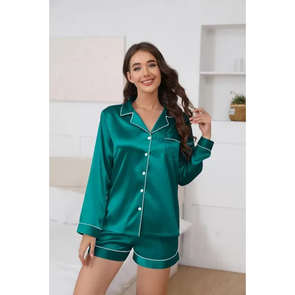 Ekouaer Silk Pajamas Womens Long Sleeve Sleepwear Soft Satin Button Down Loungewear 2 Piece Pjs Shorts Set SXXLBlue Green