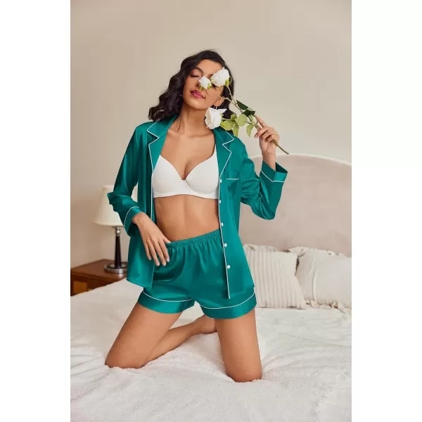 Ekouaer Silk Pajamas Womens Long Sleeve Sleepwear Soft Satin Button Down Loungewear 2 Piece Pjs Shorts Set SXXLBlue Green