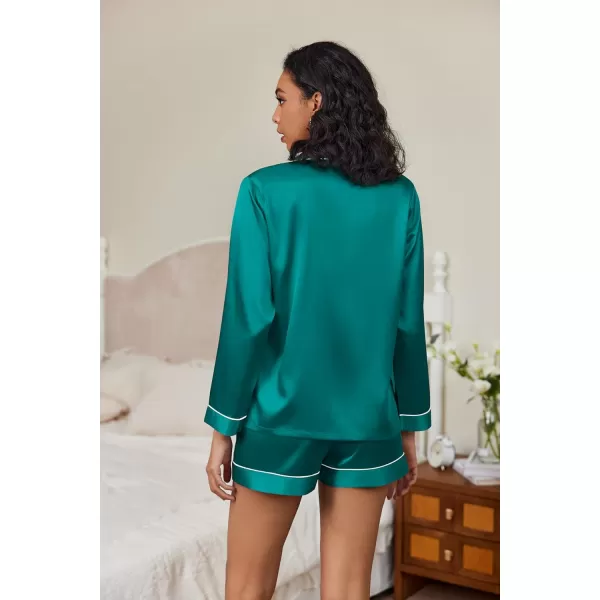 Ekouaer Silk Pajamas Womens Long Sleeve Sleepwear Soft Satin Button Down Loungewear 2 Piece Pjs Shorts Set SXXLBlue Green