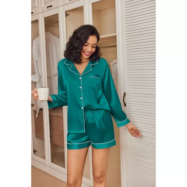 Ekouaer Silk Pajamas Womens Long Sleeve Sleepwear Soft Satin Button Down Loungewear 2 Piece Pjs Shorts Set SXXLBlue Green